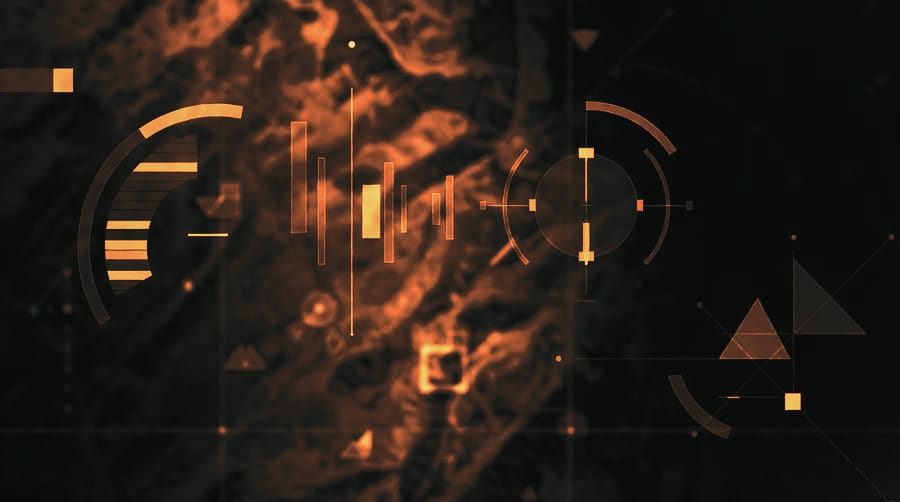 Abstract tactical-overlay artwork with targeting rings over a terrain map