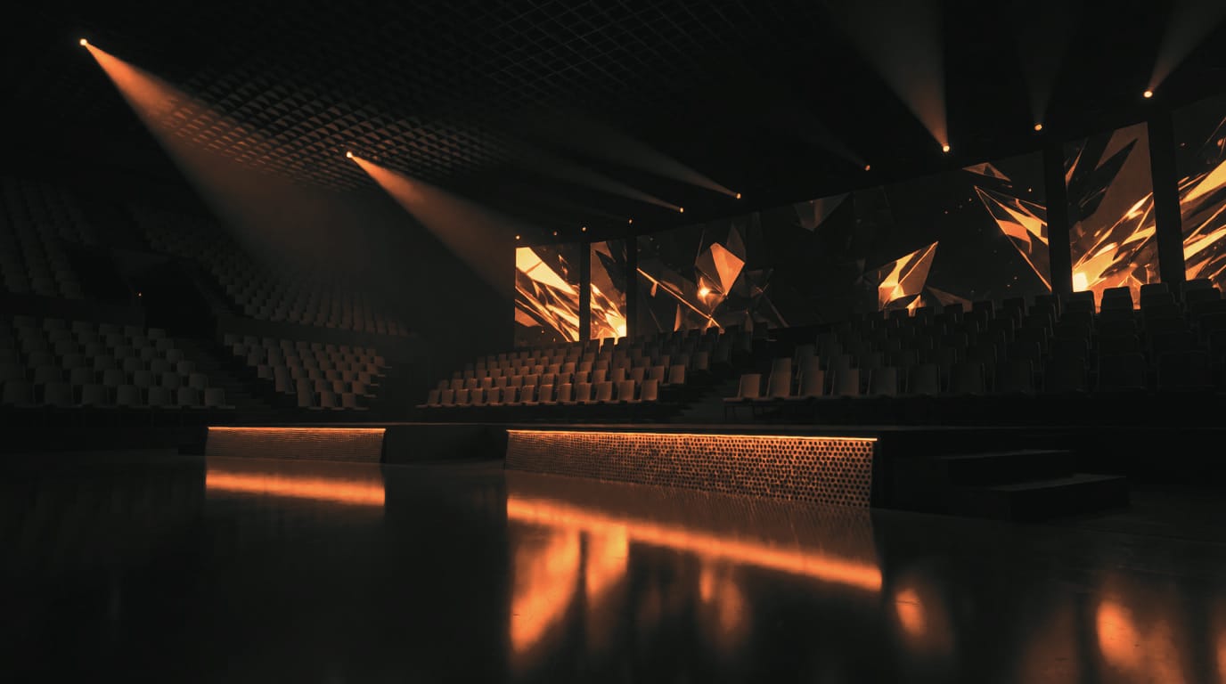 An empty professional esports arena with stage lighting before an event